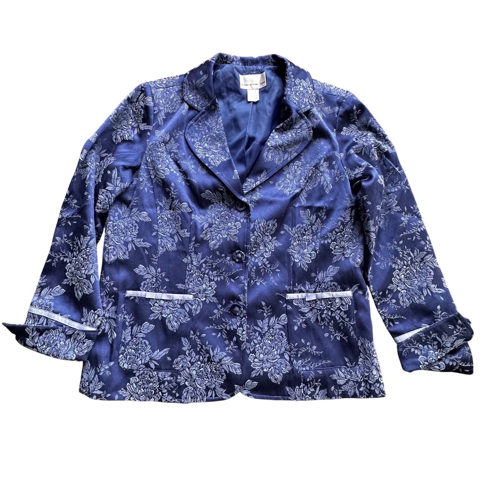 Susan Graver Style Blue Floral Jacquard Blazer Jacket‎ Ribbon Bow Accent Size L